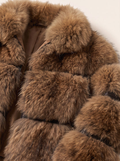 Women's Oversized Faux Fur Jacket – Brown – tiered fur and collar detail