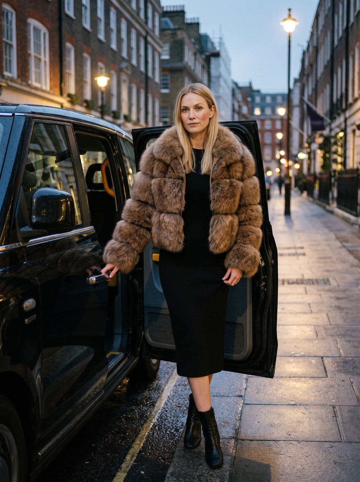 Women's Oversized Faux Fur Jacket – Brown – evening look