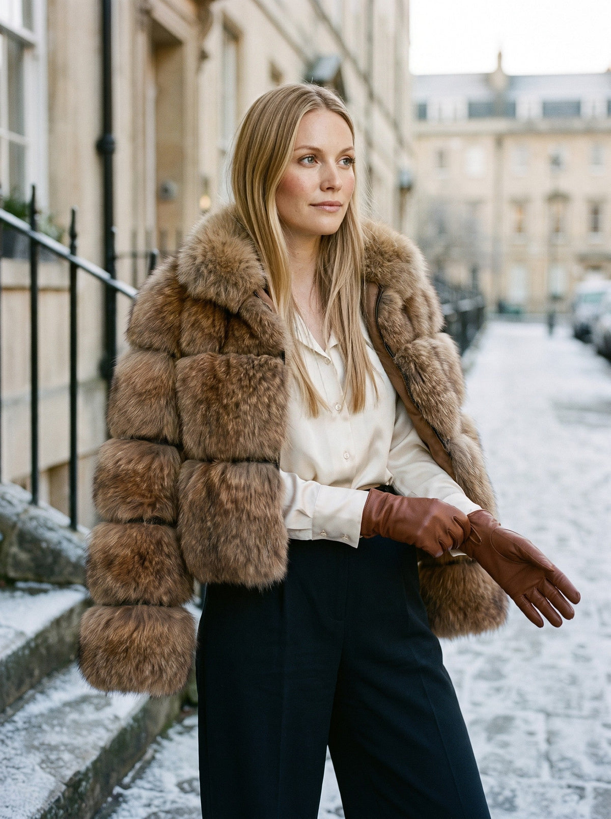 Women's Oversized Faux Fur Jacket – Brown – winter day look