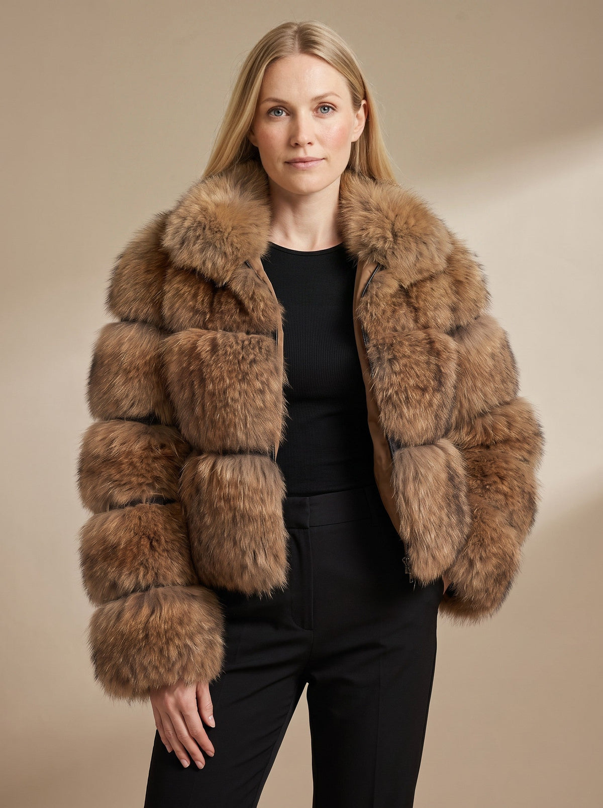 Women's Oversized Faux Fur Jacket – Brown – on model