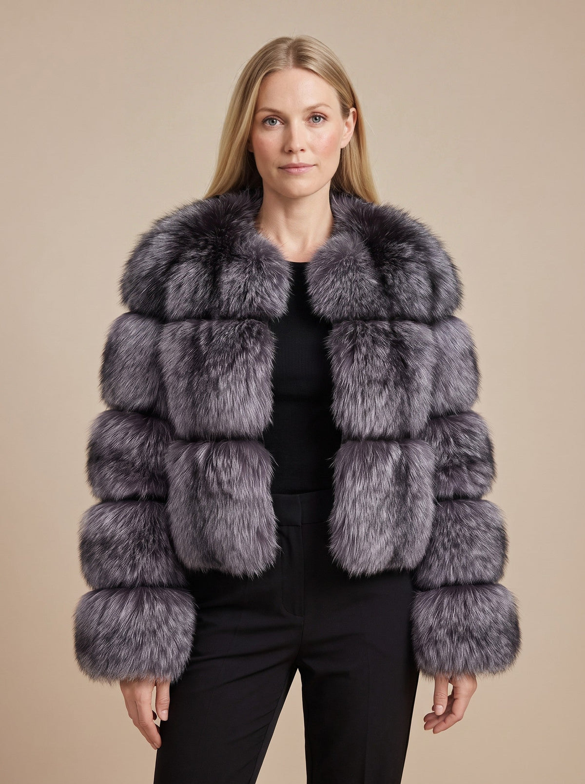 Women's Oversized Faux Fur Jacket – Dark Grey – on model