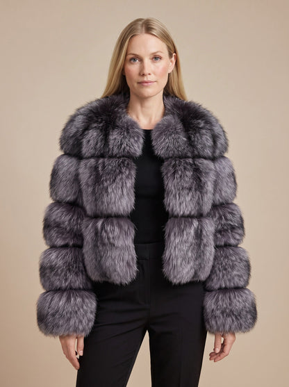 Women's Oversized Faux Fur Jacket – Dark Grey – on model