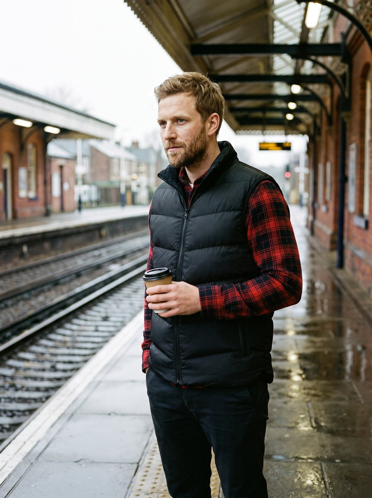 Men's Padded Gilet – Black – on a station platform