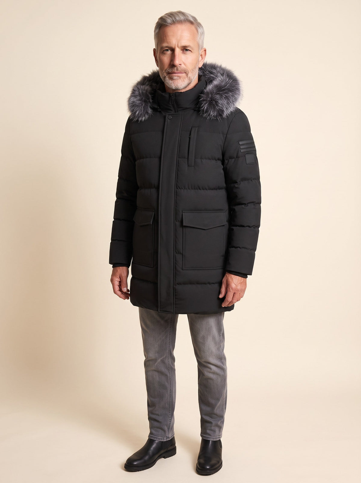 Men's Winter Parka with Adjustable Hood – Black – on model