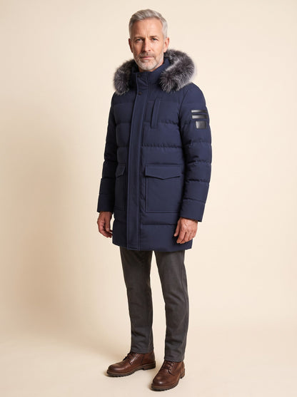 Men's Winter Parka with Adjustable Hood – Dark Blue – on model