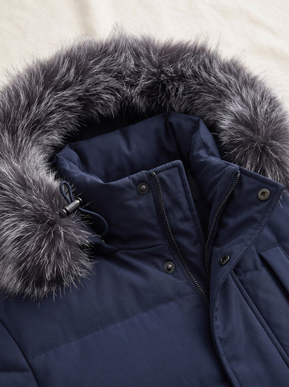 Men's Winter Parka with Adjustable Hood – Dark Blue – fur-effect hood trim and storm flap detail