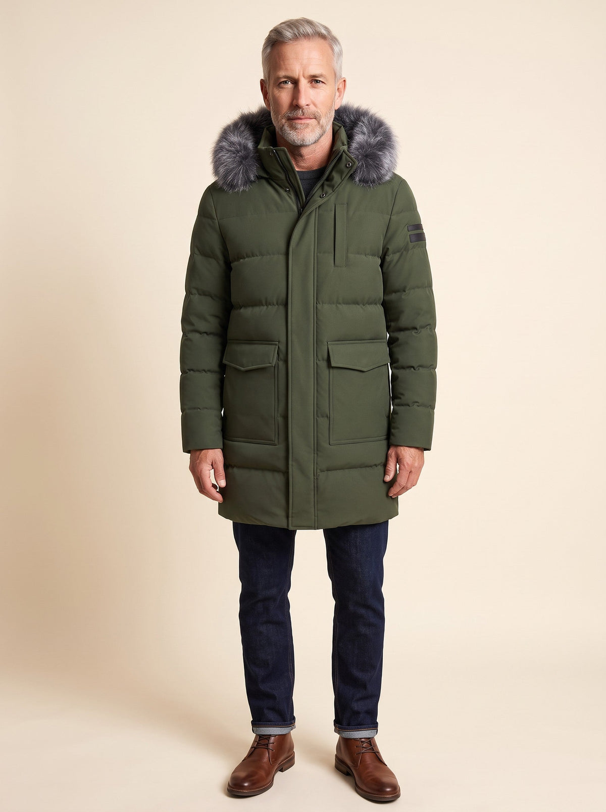 Men's Winter Parka with Adjustable Hood – Army Green – on model