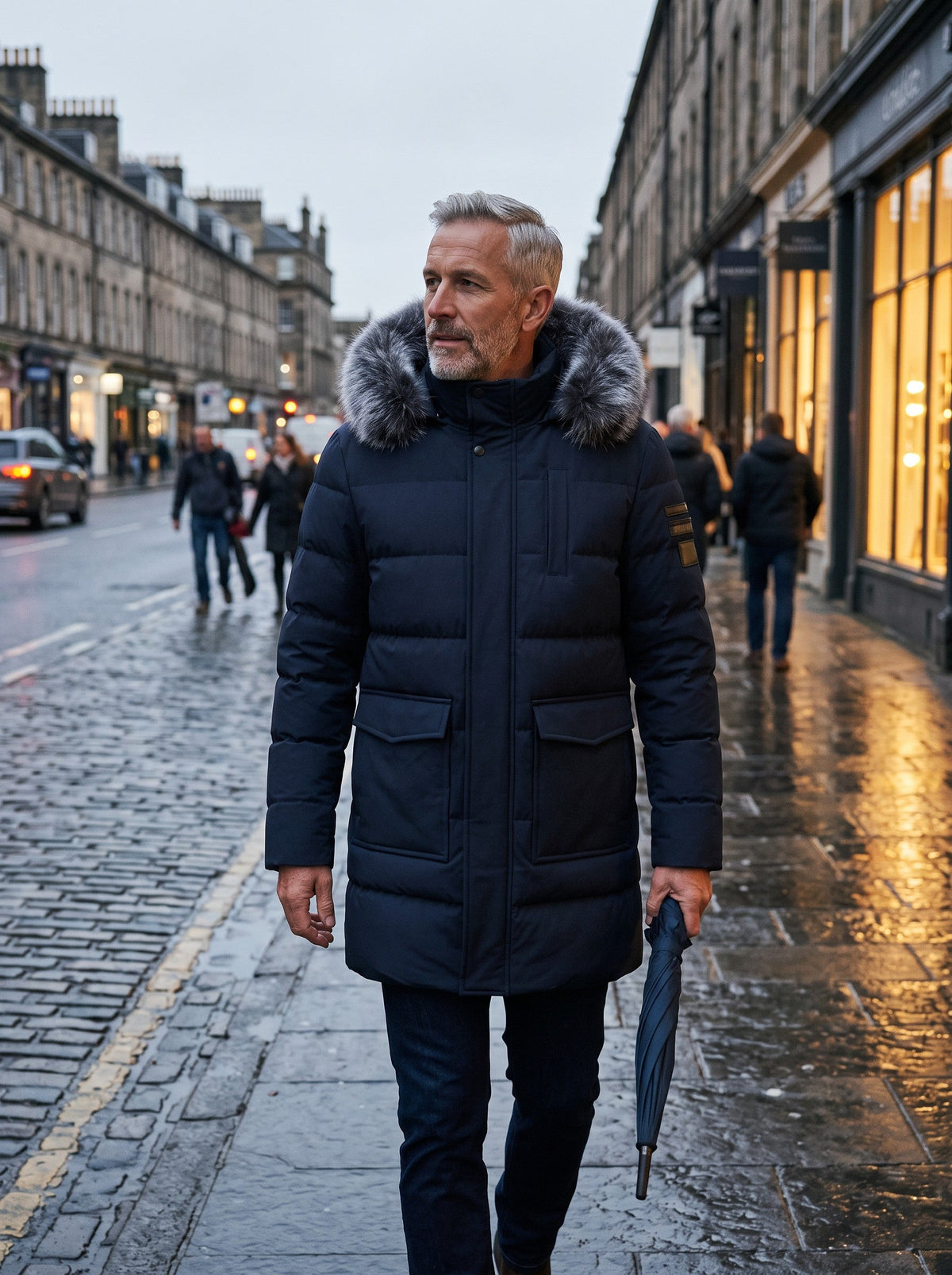 Men's Winter Parka with Adjustable Hood – Dark Blue – on a wet city street