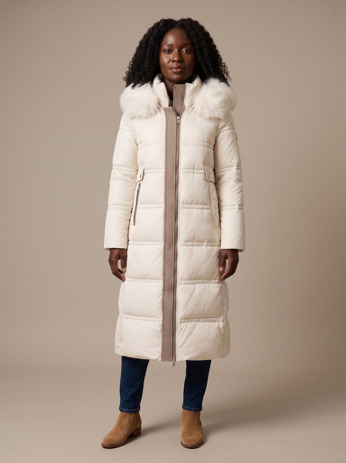 Women's Hooded Parka Jacket – White – on model