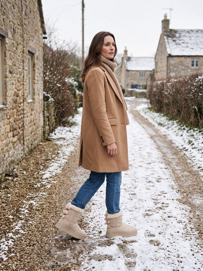 Women's Platform Snow Boots – Beige – worn on a snowy village path