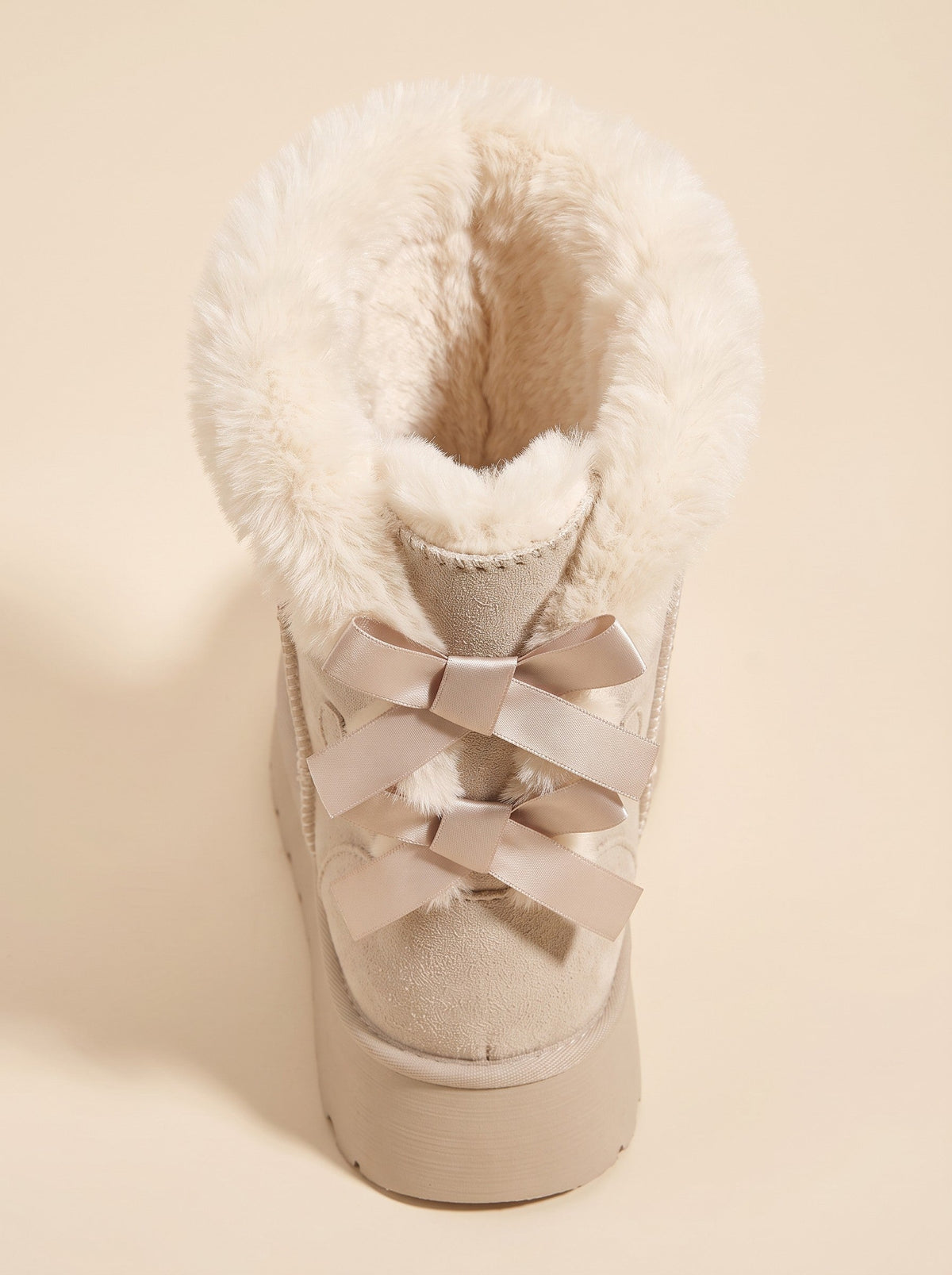 Women's Platform Snow Boots – Beige – plush faux-fur lining and back bows close-up
