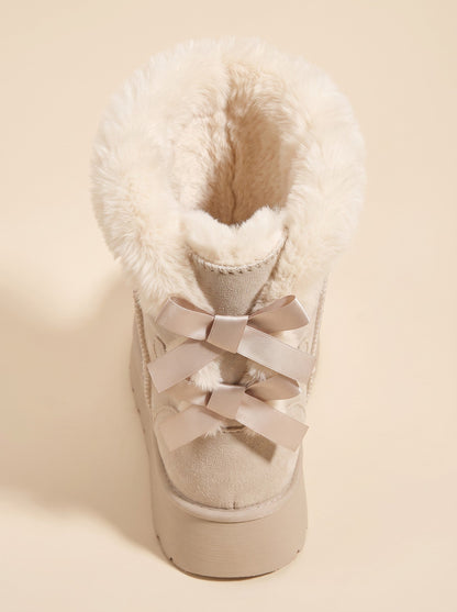 Women's Platform Snow Boots – Beige – plush faux-fur lining and back bows close-up