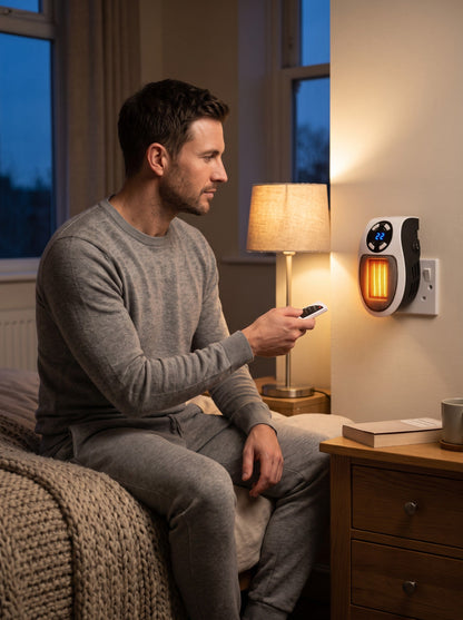 Plug In Heater 500 W – White – controlled by remote in a bedroom