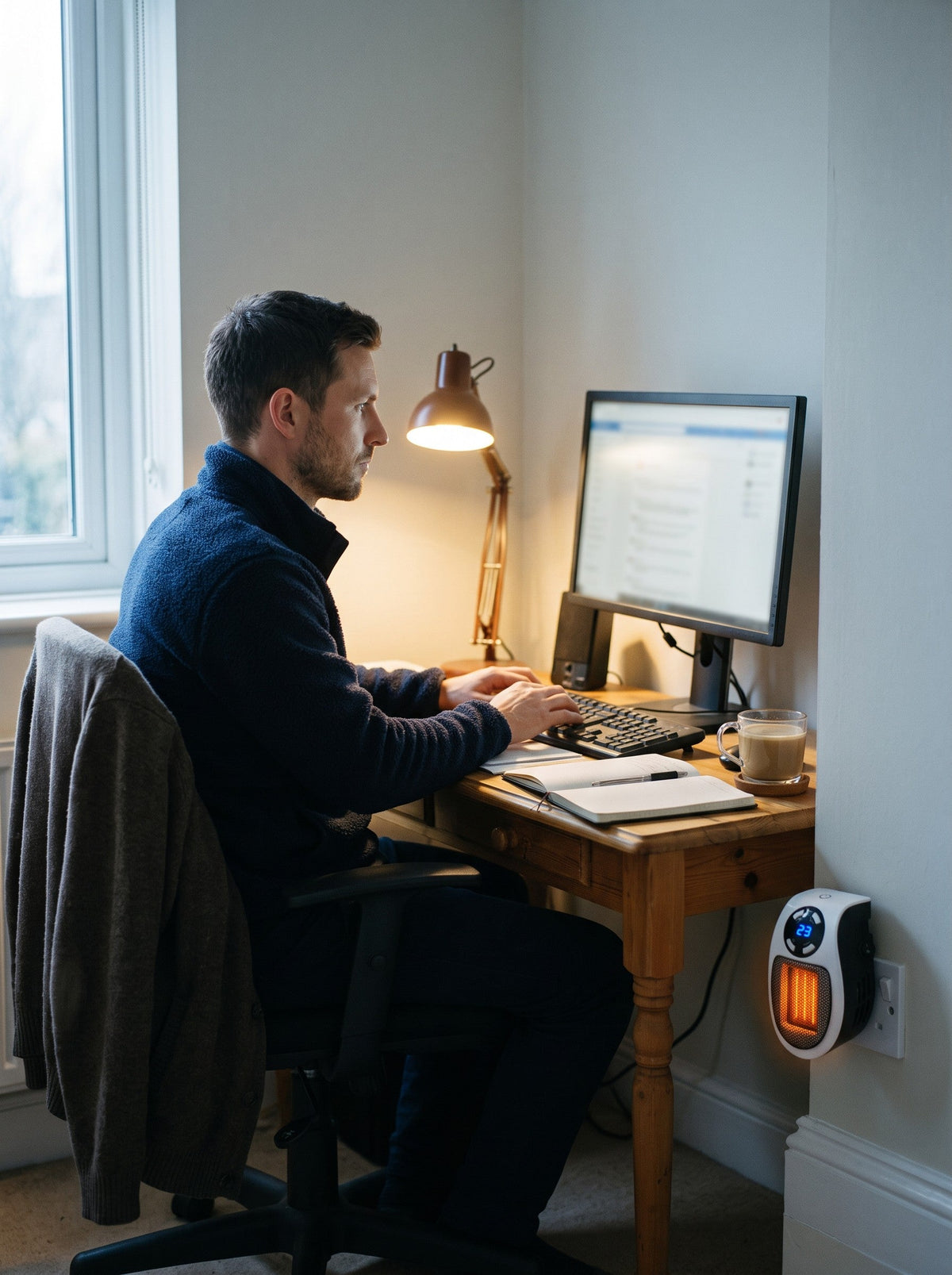 Plug In Heater 500 W – White – in a home office wall socket