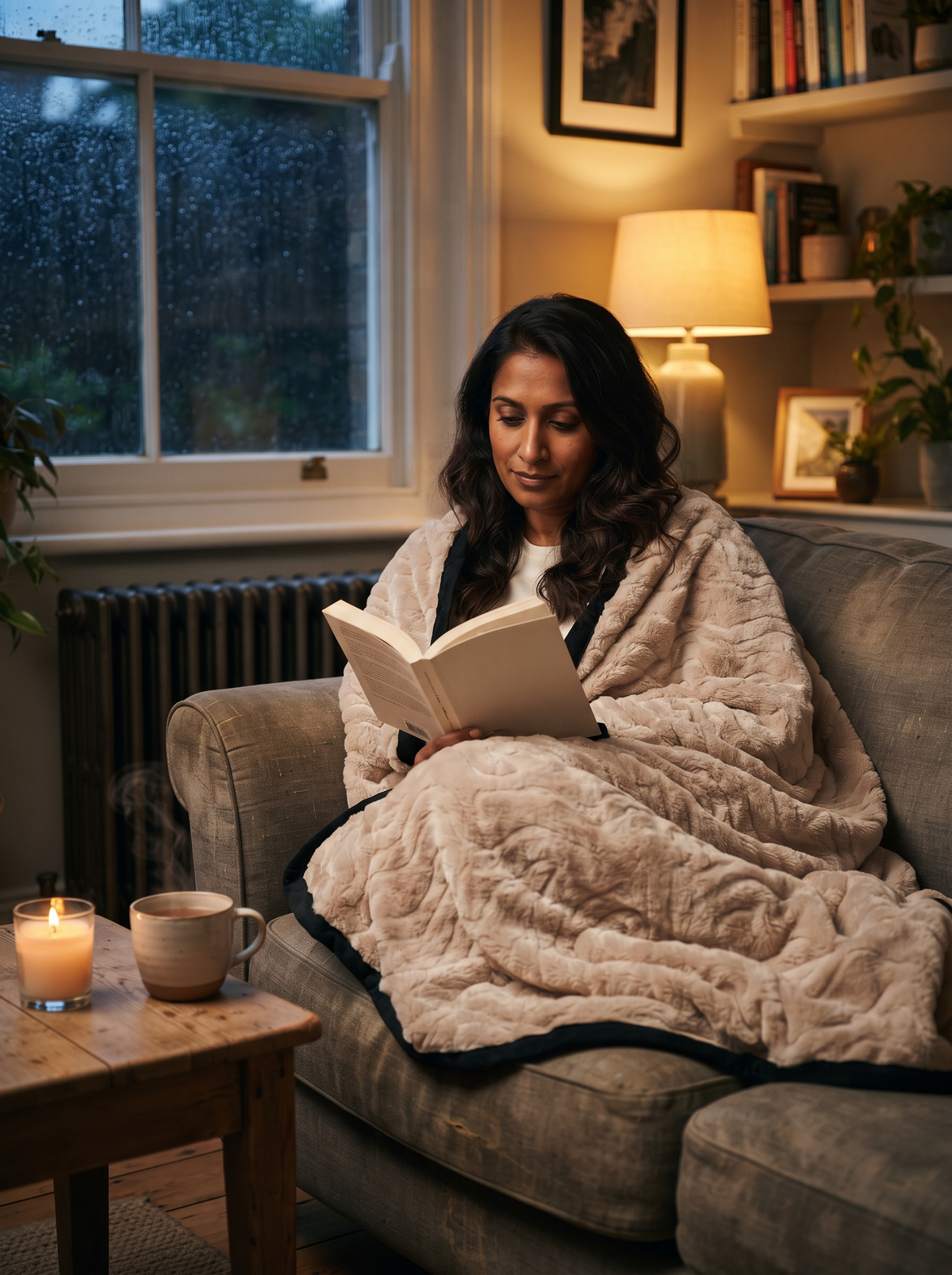 Plush Fleece Blanket – Beige – on sofa