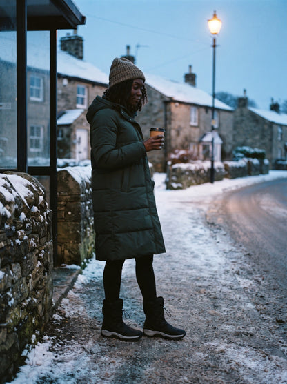 Women's Plush Lined Winter Boots – Black – worn at a snowy village bus stop
