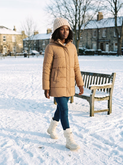 Women's Plush Lined Winter Boots – Cream – worn in a snowy park