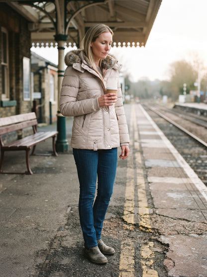 Women's Puffer Jacket with Faux Fur Lined Hood – Beige – railway platform