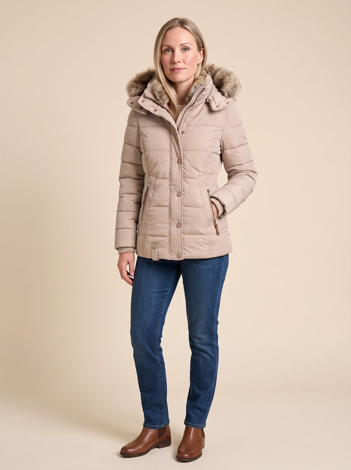 Women's Puffer Jacket with Faux Fur Lined Hood – Beige – on model