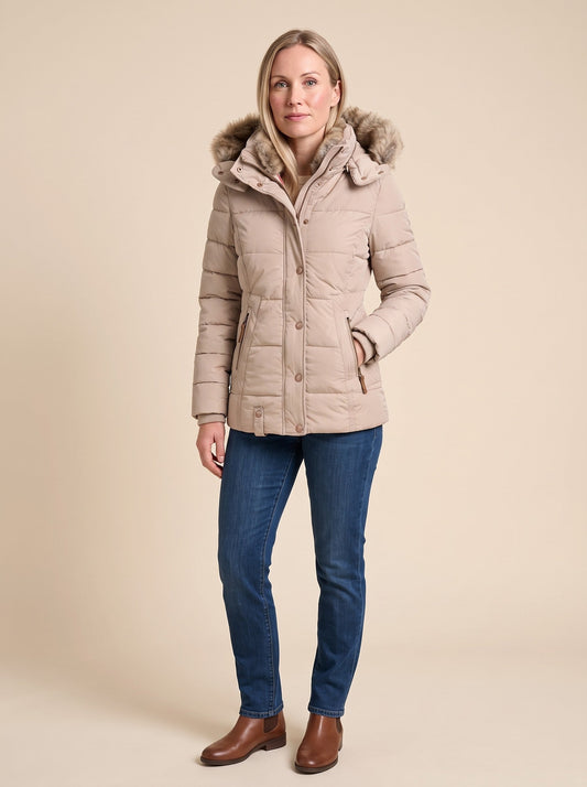 Women's Puffer Jacket with Faux Fur Lined Hood – Beige – on model