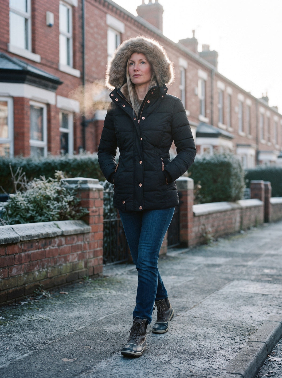 Women's Puffer Jacket with Faux Fur Lined Hood – Black – frosty street, hood up