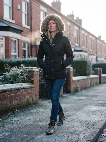 Women's Puffer Jacket with Faux Fur Lined Hood – Black – frosty street, hood up