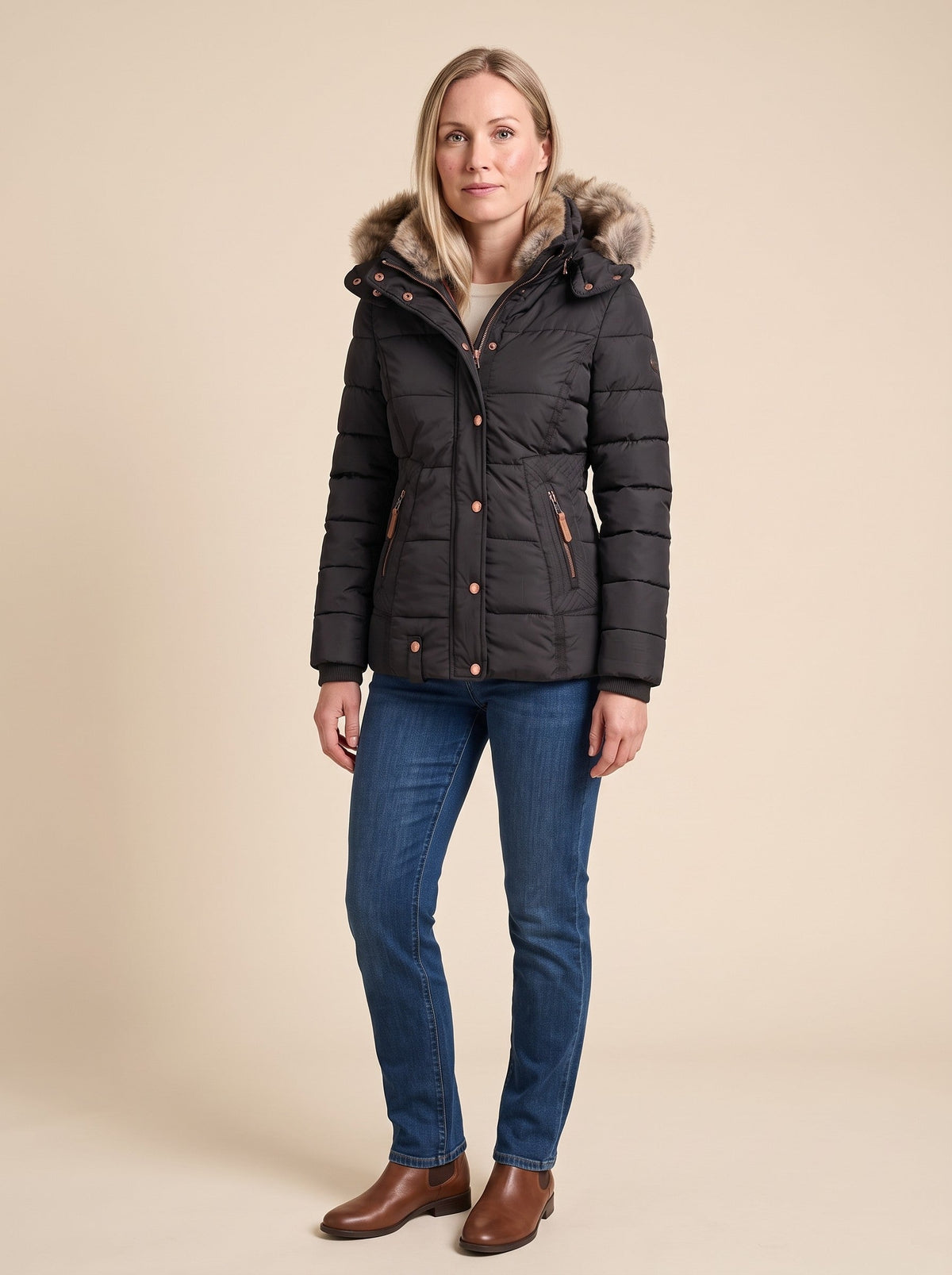 Women's Puffer Jacket with Faux Fur Lined Hood – Black – on model