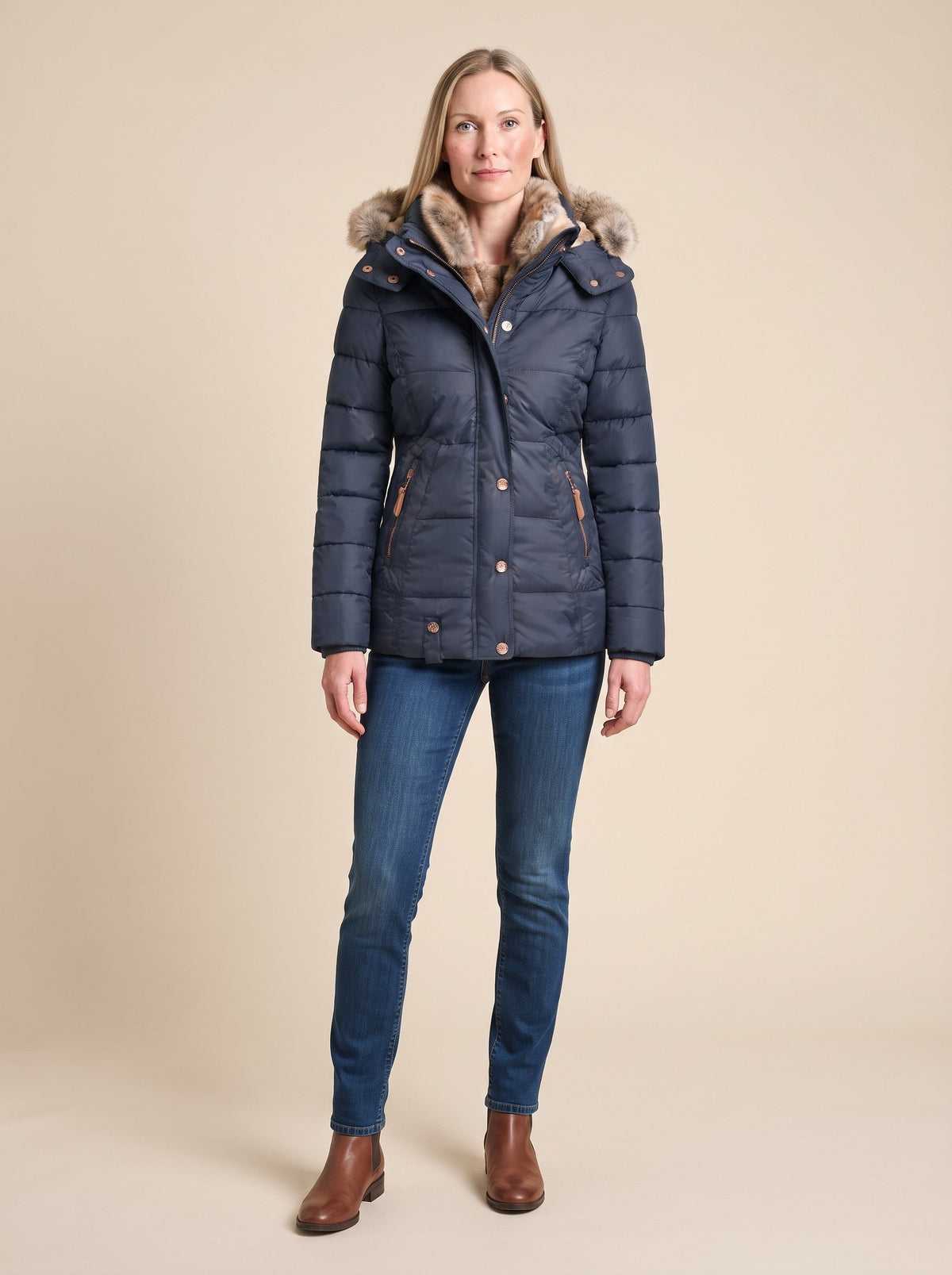 Women's Puffer Jacket with Faux Fur Lined Hood – Blue – on model