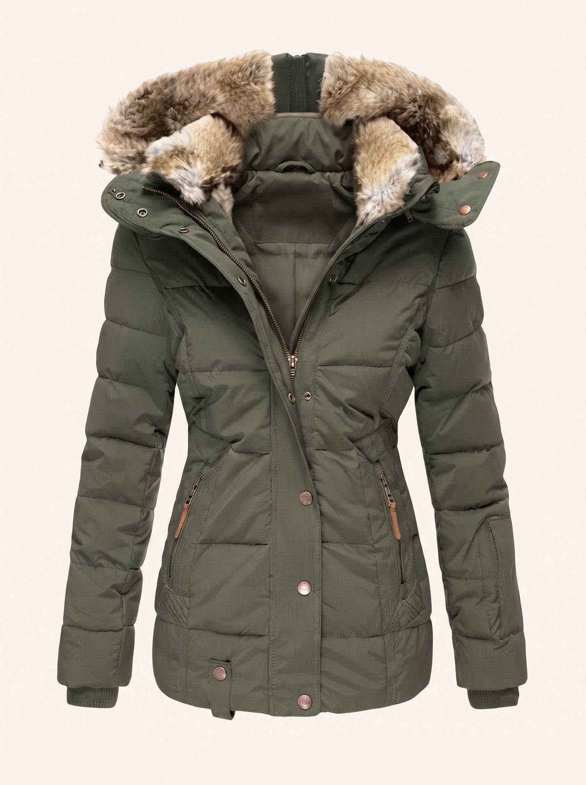 Women's Puffer Jacket with Faux Fur Lined Hood – Green – packshot