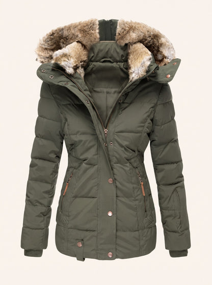 Women's Puffer Jacket with Faux Fur Lined Hood – Green – packshot