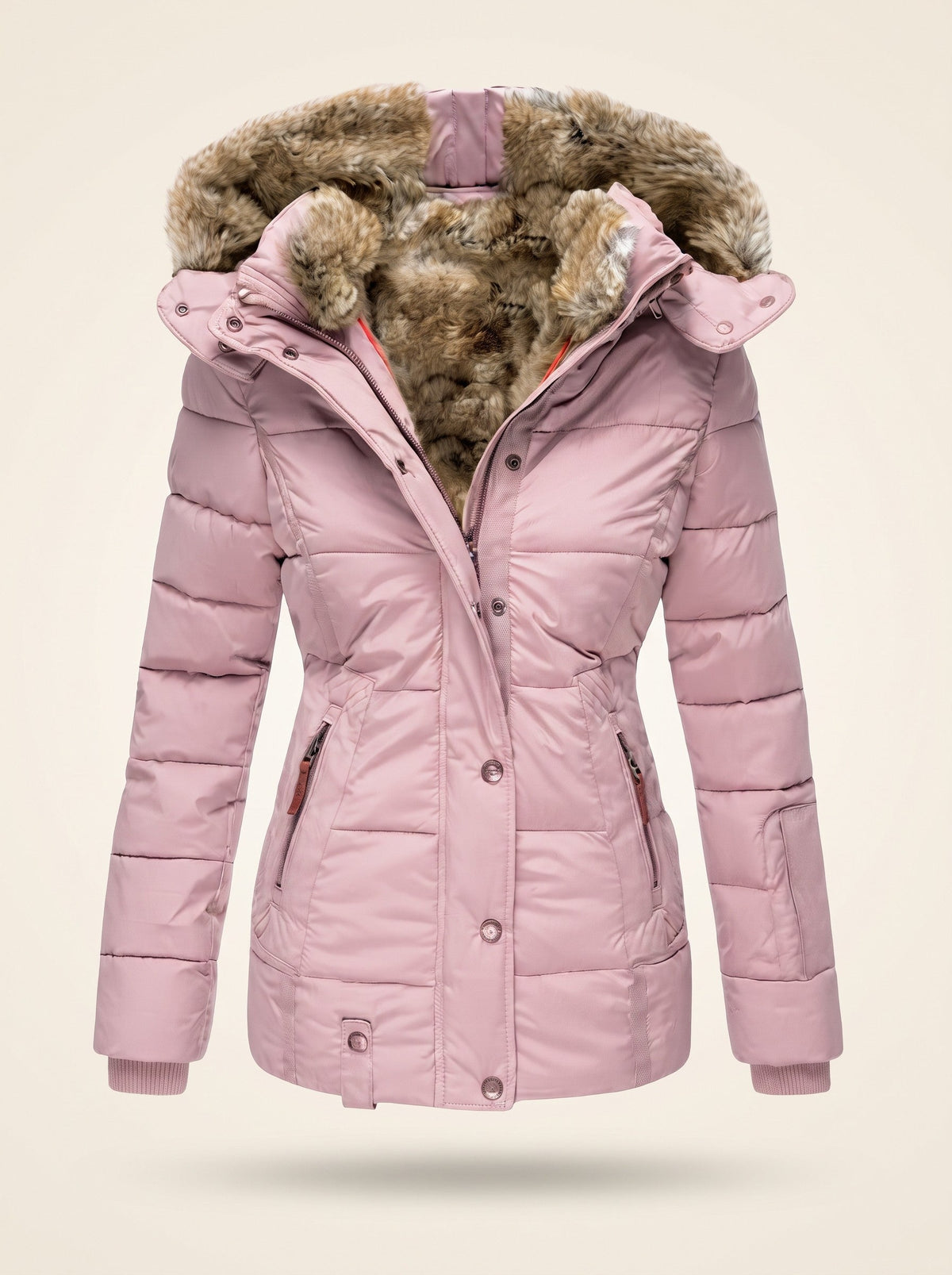 Women's Puffer Jacket with Faux Fur Lined Hood – Pink – packshot