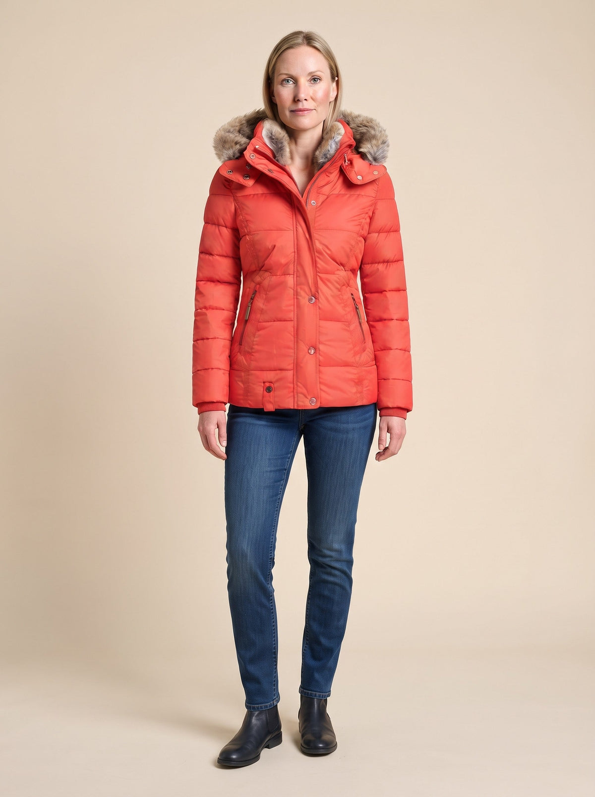 Women's Puffer Jacket with Faux Fur Lined Hood – Red – on model