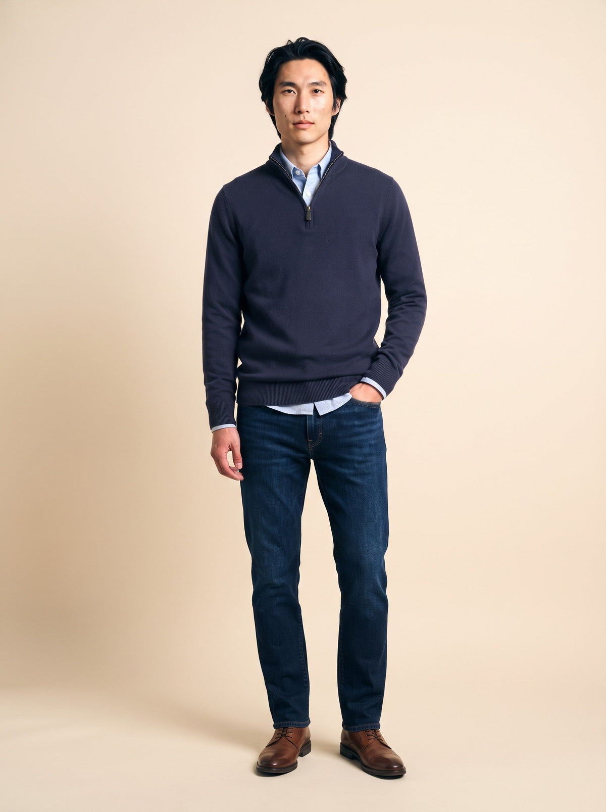 Men's Quarter Zip Jumper – Navy Blue – on model