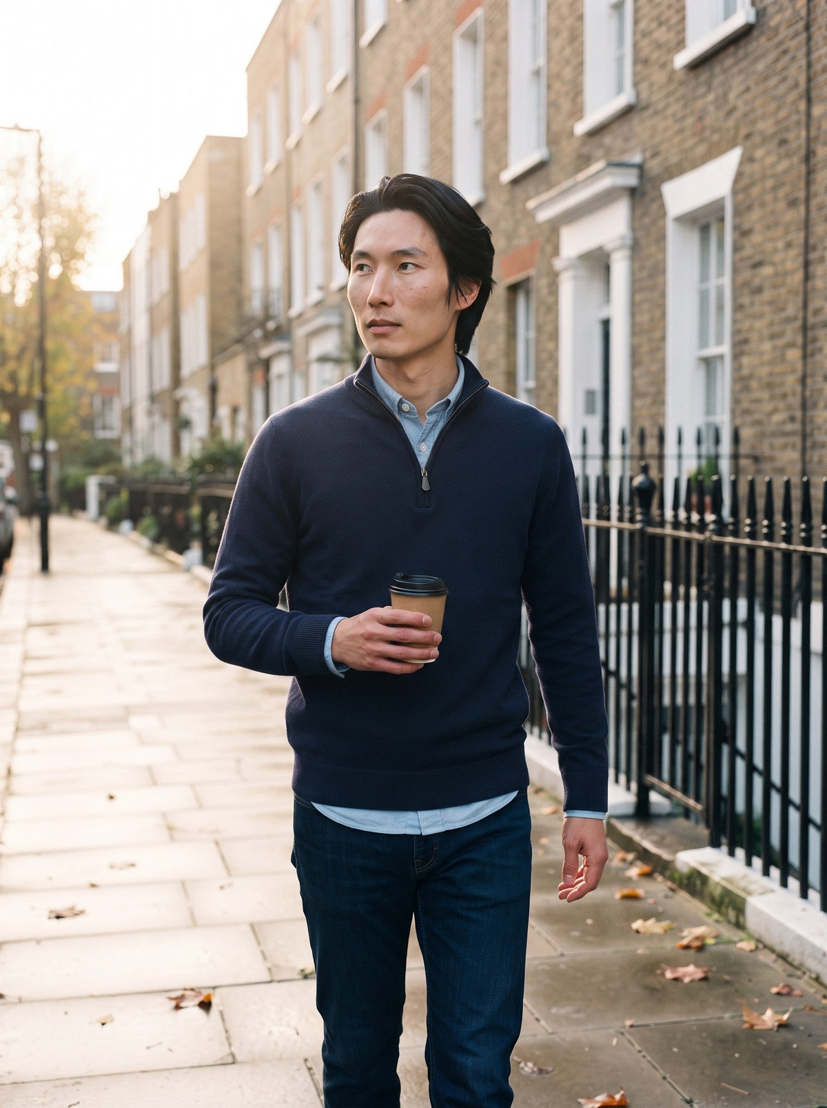 Men's Quarter Zip Jumper – Navy Blue – lifestyle street