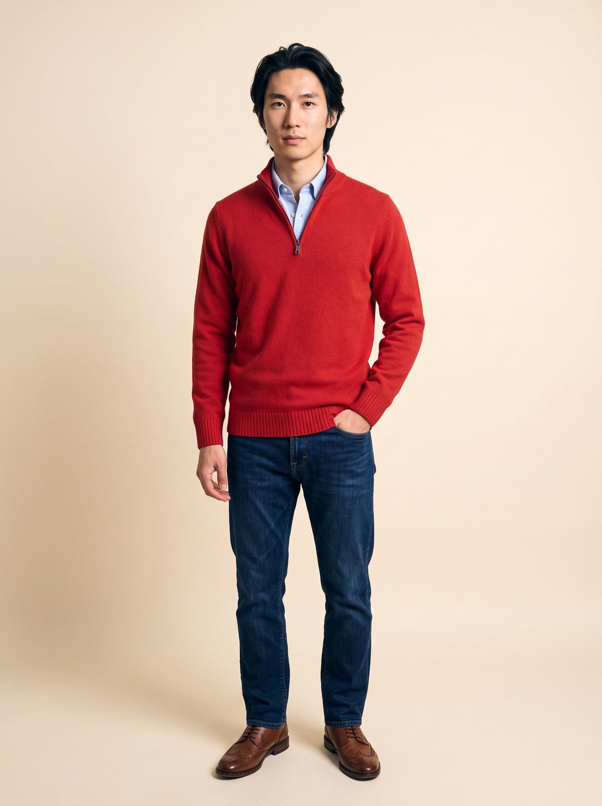 Men's Quarter Zip Jumper – Red – on model