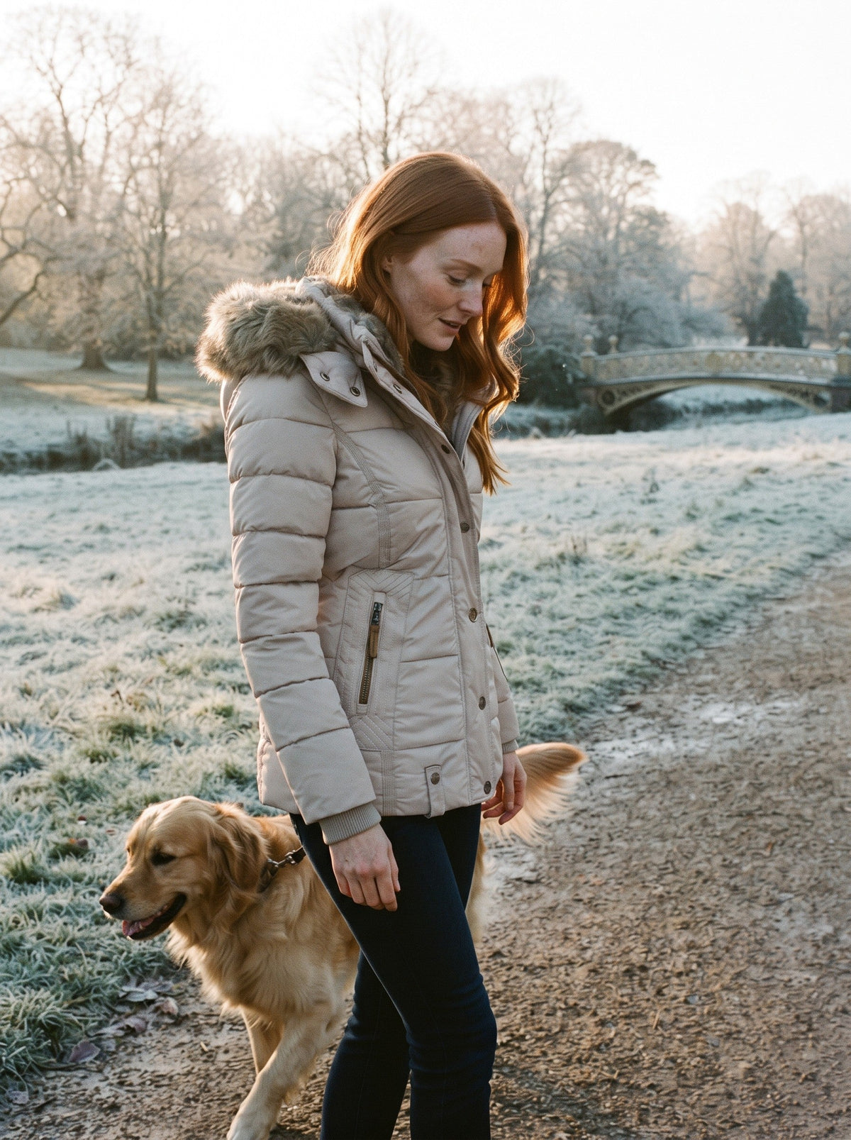 Women's Quilted Winter Jacket with Faux Fur Hood – Beige – lifestyle park