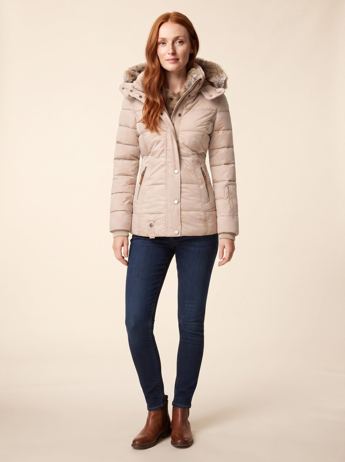 Women's Quilted Winter Jacket with Faux Fur Hood – Beige – on model