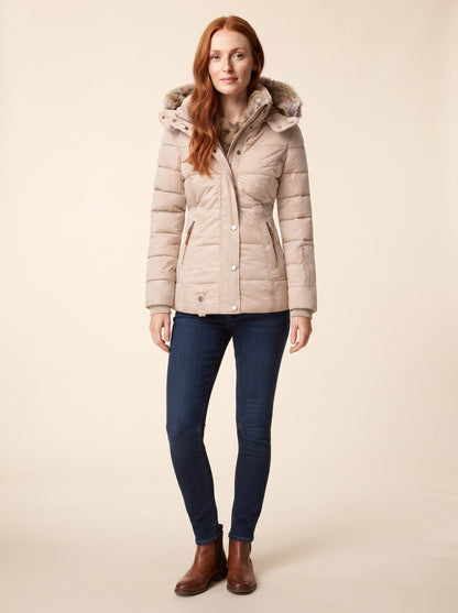 Women's Quilted Winter Jacket with Faux Fur Hood – Beige – on model