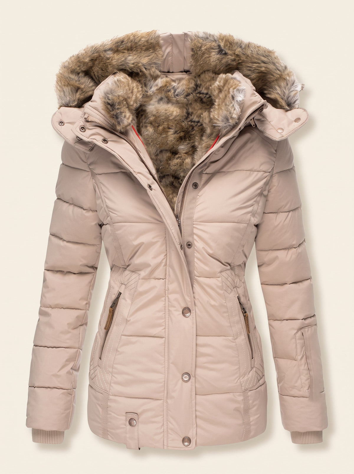Women's Quilted Winter Jacket with Faux Fur Hood – Beige – packshot