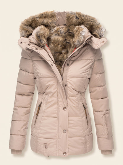 Women's Quilted Winter Jacket with Faux Fur Hood – Beige – packshot