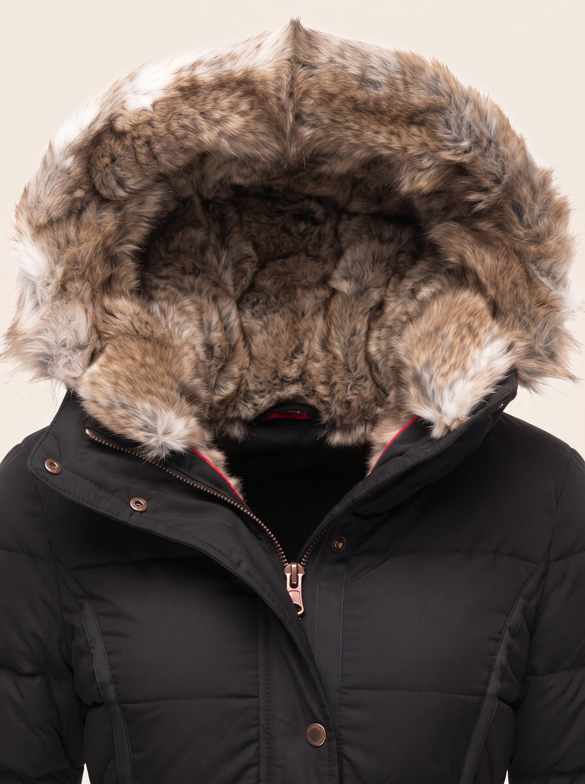 Women's Quilted Winter Jacket with Faux Fur Hood – Black – faux fur lined hood detail