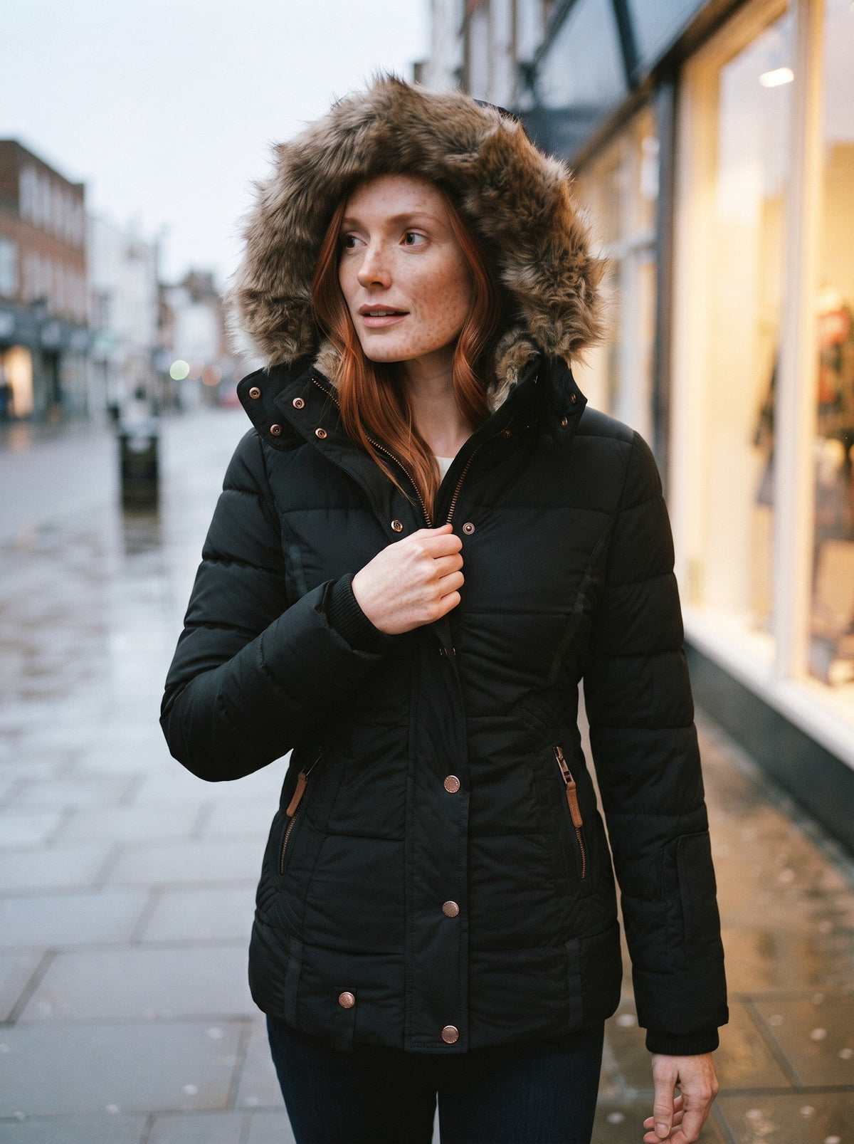 Women's Quilted Winter Jacket with Faux Fur Hood – Black – lifestyle street