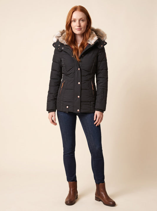 Women's Quilted Winter Jacket with Faux Fur Hood – Black – on model