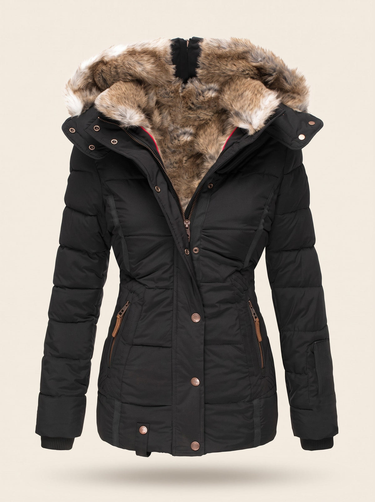 Women's Quilted Winter Jacket with Faux Fur Hood – Black – packshot