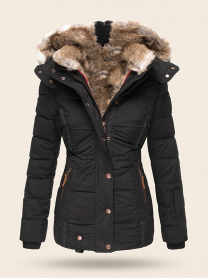 Women's Quilted Winter Jacket with Faux Fur Hood – Black – packshot