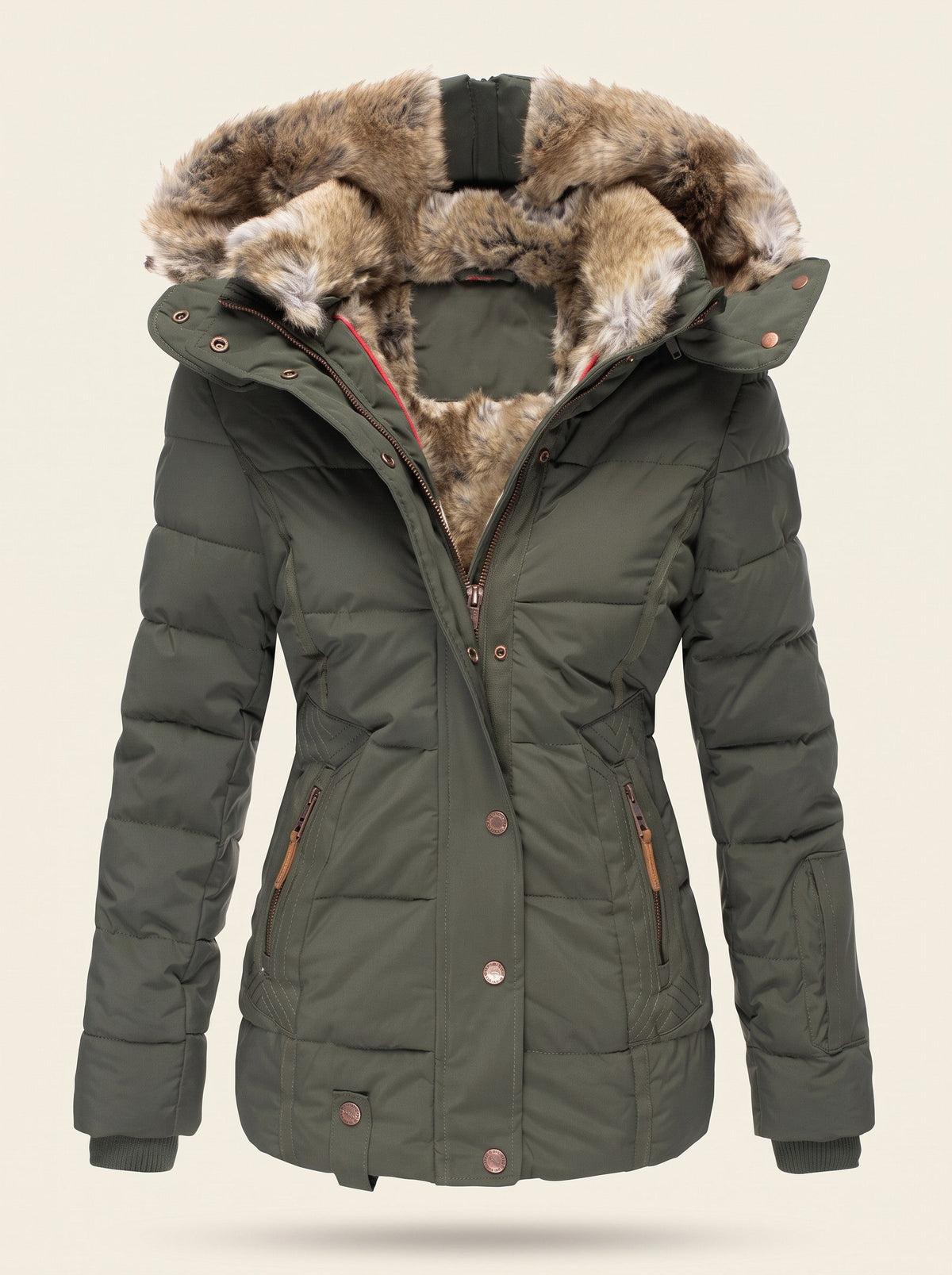 Women's Quilted Winter Jacket with Faux Fur Hood – Khaki – packshot