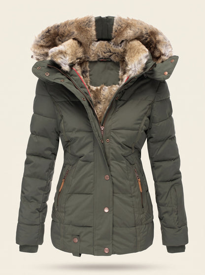 Women's Quilted Winter Jacket with Faux Fur Hood – Khaki – packshot