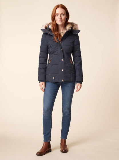 Women's Quilted Winter Jacket with Faux Fur Hood – Navy Blue – on model