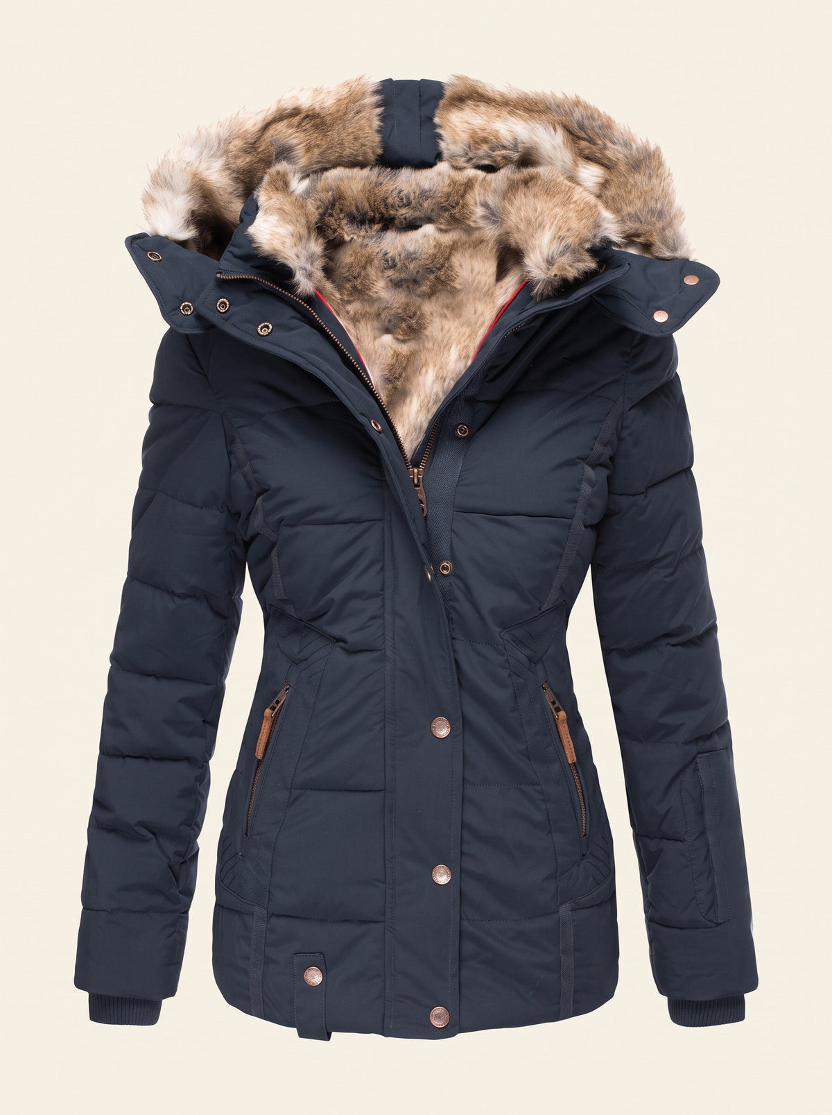 Women's Quilted Winter Jacket with Faux Fur Hood – Navy Blue – packshot