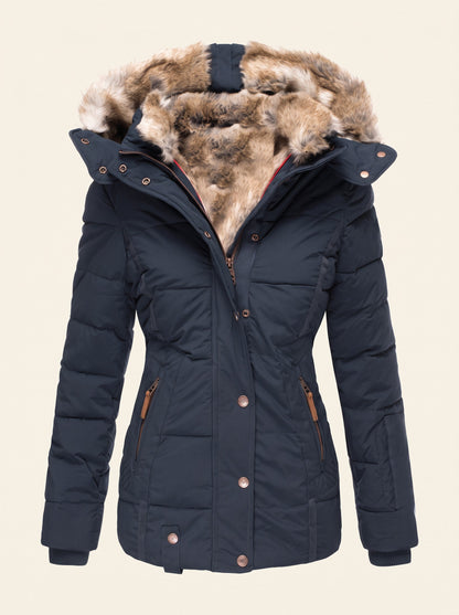 Women's Quilted Winter Jacket with Faux Fur Hood – Navy Blue – packshot